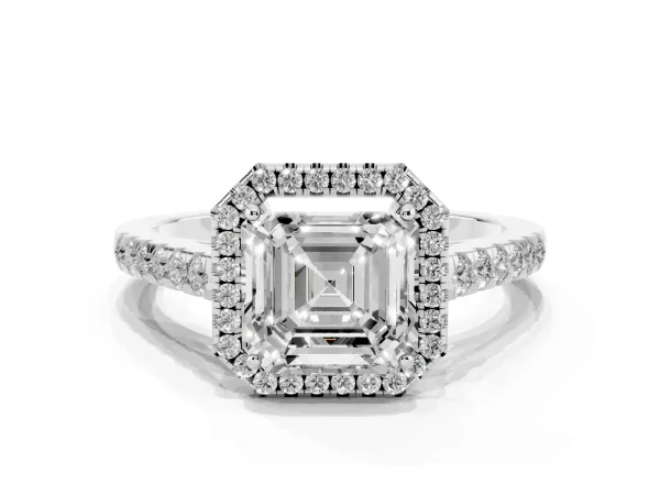 Asscher Cut Halo Pave Diamond Engagement Ring with Four-Prong Setting White gold