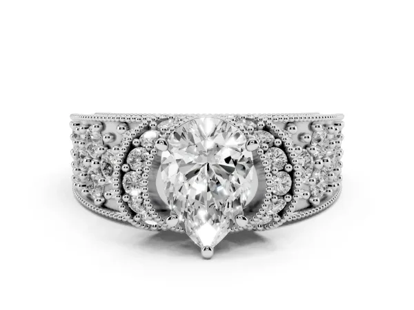 Pear Cut Halo Pave Diamond Engagement Ring with Milgrain Detailing White gold