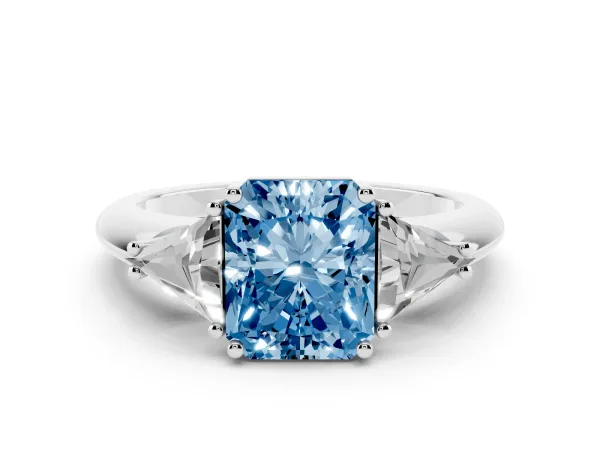 Fancy Blue Three-Stone Radiant Cut Diamond Engagement Ring with Trillion Side Stones and Prong Setting Platinum