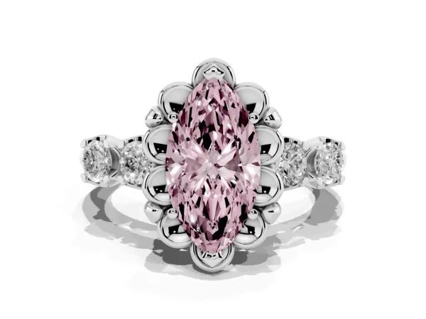 Fancy Pink Marquise Cut Cut Diamond Floral Halo Engagement Ring with Shared Prong Setting Platinum