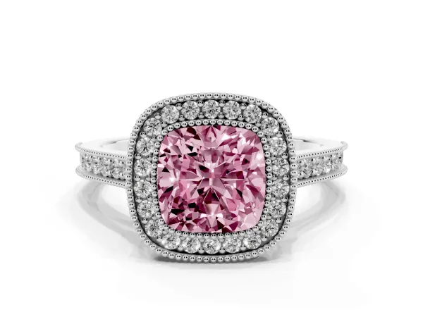 Fancy Pink Halo Cushion Cut-Cut Diamond Pave Band Milgrain Prong Setting Ring White gold