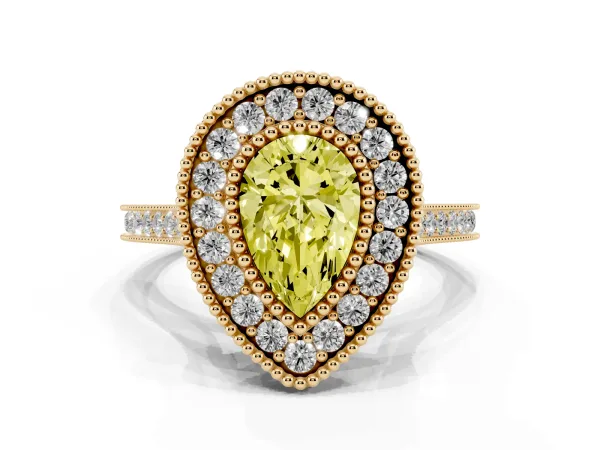 Fancy Yellow Pear Cut Diamond Halo Ring with Milgrain Frame and Pavé Band Yellow gold