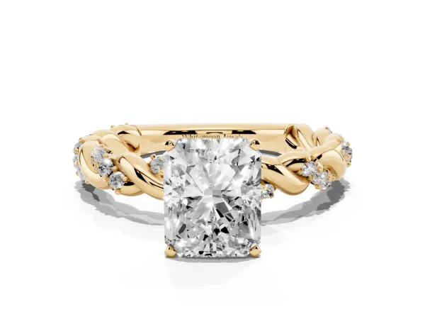 Radiant Cut Diamond Solitaire Ring with Twisted Band and Pavé Accents Yellow gold