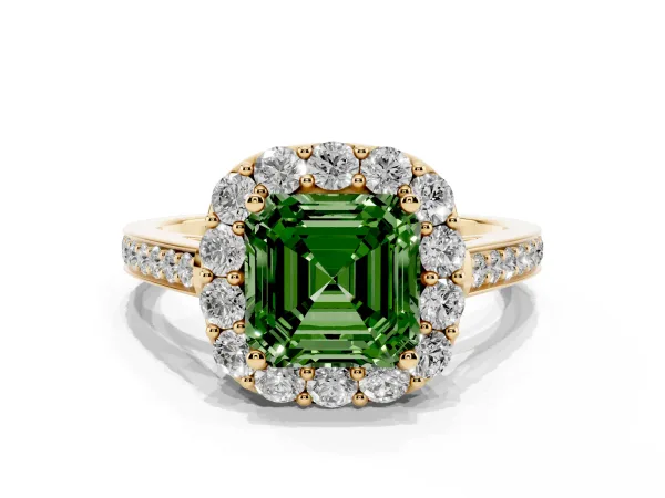 Fancy Green Asscher Cut Diamond Floral Halo Ring with Pavé Band and Prong Setting Yellow gold