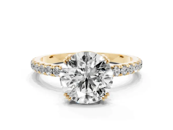 Round Cut Brilliant Solitaire with Pavé Band and Claw Prong Setting Yellow gold