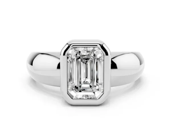 Bezel Set Emerald Cut Solitaire Ring with Wide Band Platinum