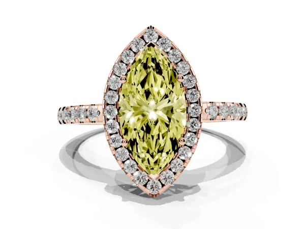 Fancy Yellow Marquise Cut Halo Diamond Engagement Ring with Pavé Band and Four-Prong Setting Rose gold