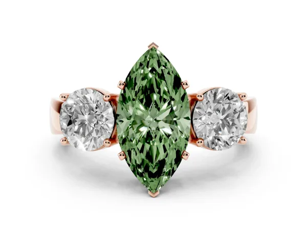 Fancy Green Three-Stone Marquise Cut Diamond Ring with Round Side Stones, Classic Band, and Four-Prong Setting Rose gold