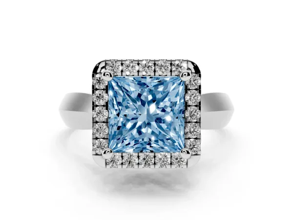 Fancy Blue Princess Cut Cut Halo Solitaire Engagement Ring with Square Band and Four-Prong Setting Platinum