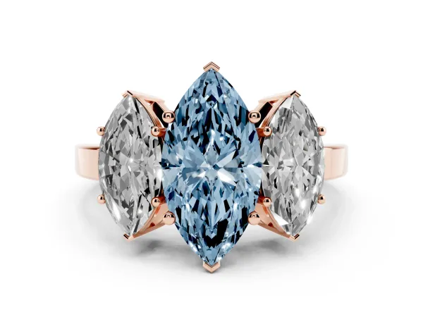 Fancy Blue Three-Stone Marquise Cut Cut Diamond Engagement Ring with Flat Band and Four-Prong Setting Rose gold