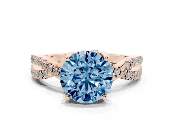 Fancy Blue Round Cut Solitaire Twist Pave Diamond Engagement Ring with Prong Setting Rose gold