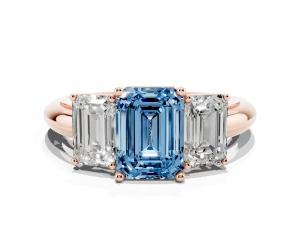 Fancy Blue Three-Stone Emerald Cut Cut Diamond Engagement Ring with Prong Setting on a White Gold Band Rose gold