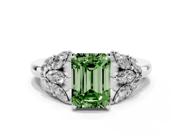 Fancy Green Emerald Cut Diamond Cluster Leaf Design Ring with Prong Setting White gold