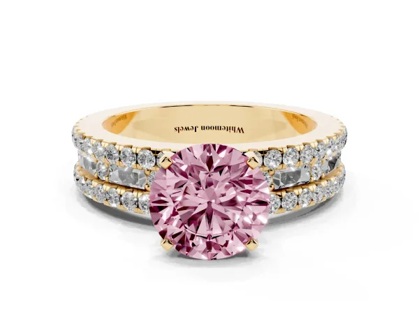 Fancy Pink Round Cut Diamond Solitaire Ring with Pavé and Channel Set Band Yellow gold