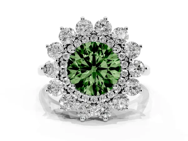 Fancy Green Round Cut Diamond Floral Double Halo Engagement Ring with Prong Setting Platinum