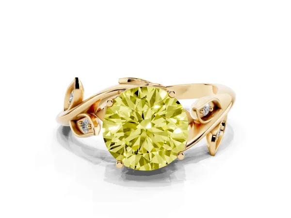 Fancy Yellow Round Cut Solitaire Twist Engagement Ring with Leaf Accents and Prong Setting Yellow gold