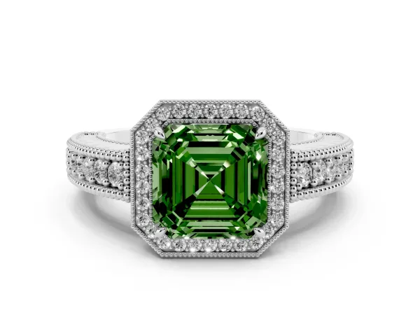 Fancy Green Asscher Cut Cut Halo Diamond Ring with Pavé Band and Four-Prong Setting Platinum