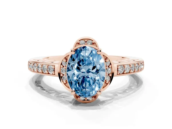 Fancy Blue Oval Cut Cut Halo Diamond Ring with Channel Set Band and Four-Prong Setting Rose gold