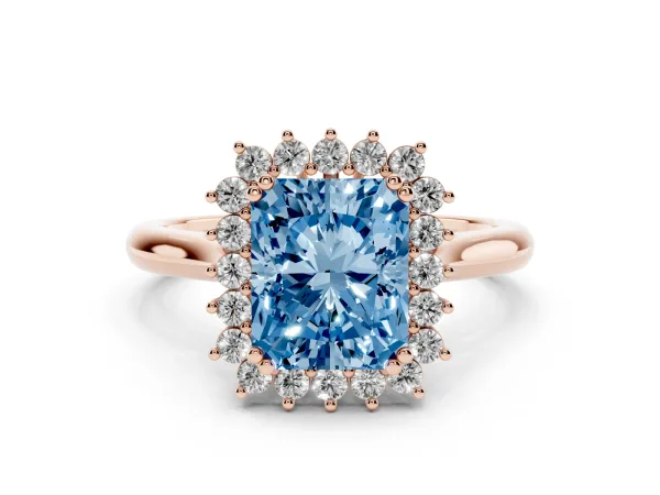 Fancy Blue Radiant Cut Cut Diamond Halo Ring with Solitaire Band and Prong Setting Rose gold
