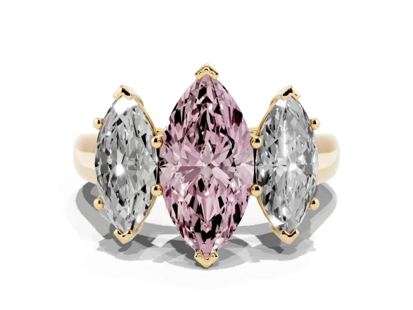 Fancy Pink Marquise Cut Three-Stone Diamond Ring with Prong Setting on a Classic Band Yellow gold