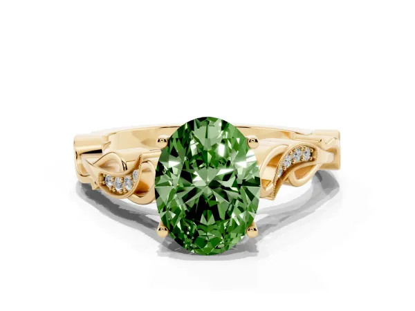 Fancy Green Oval Cut Solitaire Vine Band with Milgrain Prong Setting Yellow gold