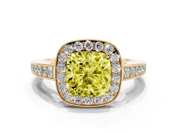 Fancy Yellow Cushion Cut Halo Pavé Diamond Engagement Ring with Bezel Setting Yellow gold