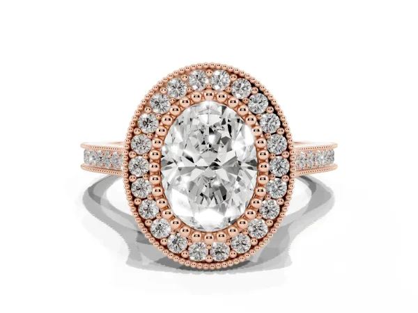 Oval Cut Diamond Halo Ring with Milgrain Frame and Pavé Band Rose gold