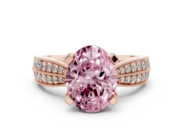 Fancy Pink Oval Cut Diamond Solitaire Ring with Milgrain Round Pavé Band and Prong Setting Rose gold