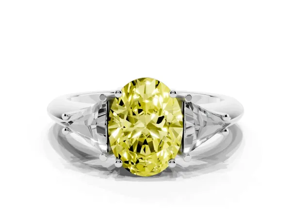 Fancy Yellow Three-Stone Oval Cut Diamond Engagement Ring with Trillion Side Stones and Prong Setting Platinum