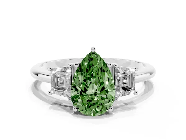 Fancy Green Pear Cut Diamond Three-Stone Ring with Trapezoid Side Stones and Prong Setting Platinum