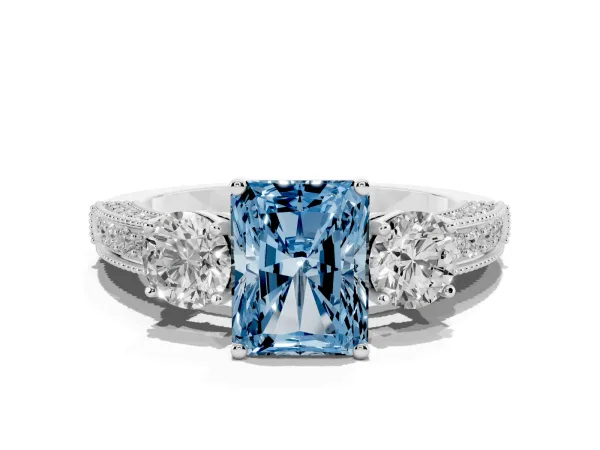 Fancy Blue Radiant Cut Three-Stone Diamond Ring with Pavé Band and Four-Prong Setting Platinum