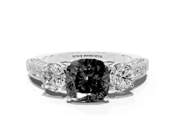 Fancy Black Cushion Cut Three-Stone Diamond Ring with Pavé Band and Four-Prong Setting Platinum