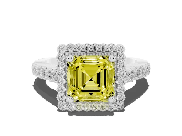 Fancy Yellow Asscher Cut Cut Halo Pavé Solitaire Ring with Milgrain Band Platinum