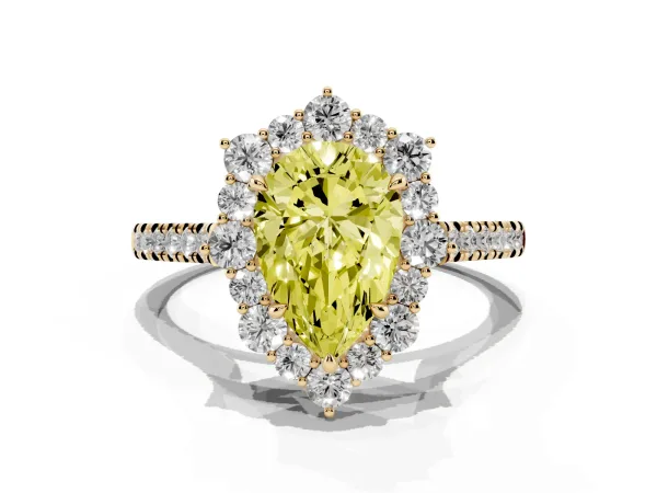 Fancy Yellow Pear Cut Halo Diamond Ring with Pavé Band and Prong Setting Yellow gold