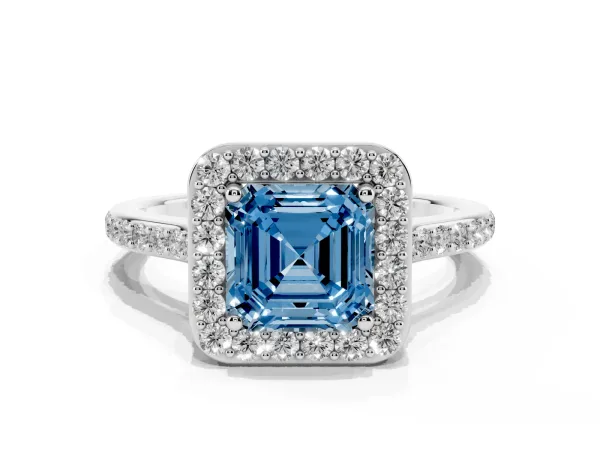 Fancy Blue Asscher Cut Diamond Halo Engagement Ring with Round Pavé Shoulders and Prong Setting White gold
