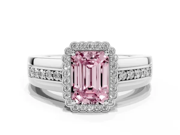 Fancy Pink Emerald Cut Cut Halo Pave Band Four-Prong Ring White gold