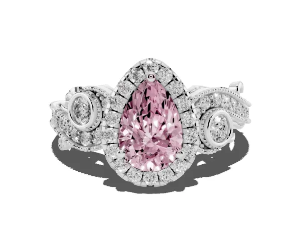 Fancy Pink Pear Cut Halo Diamond Ring with Milgrain and Bezel Accents on a Split Shank Band Platinum