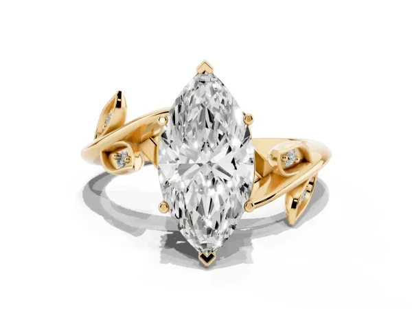Marquise Cut Solitaire Twist Engagement Ring with Leaf Accents and Prong Setting Yellow gold