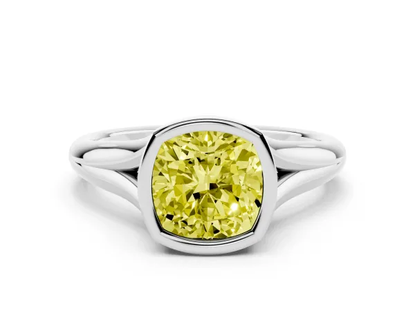 Fancy Yellow Bezel Set Cushion Cut Solitaire Diamond Ring with Smooth Band White gold