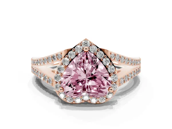 Fancy Pink Heart Cut Halo Split Shank Diamond Ring with Prong Setting Rose gold