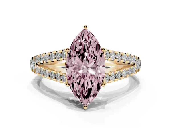 Fancy Pink Marquise Cut Diamond Split Shank Pavé Engagement Ring with Four-Prong Setting Yellow gold