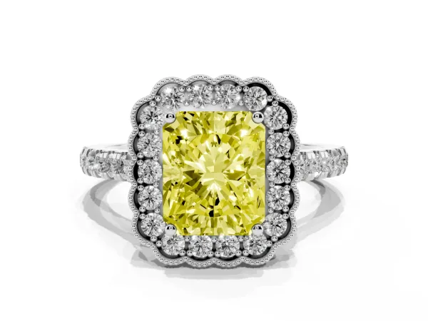 Fancy Yellow Radiant Cut Cut Diamond Milgrain Floral Halo Engagement Ring with Pavé Band White gold