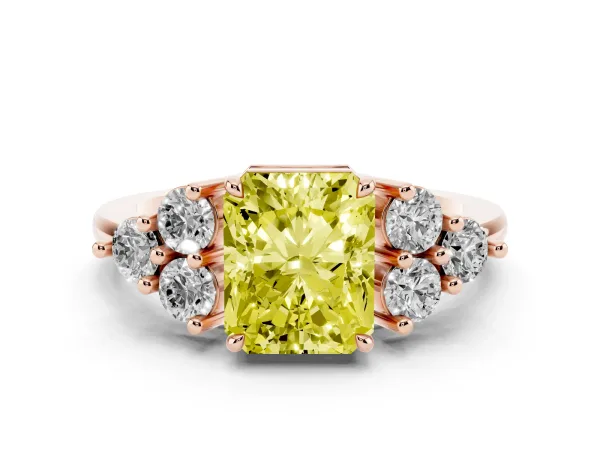 Fancy Yellow Radiant Cut Brilliant Diamond Cluster Accent Solitaire Ring with Prong Setting Rose gold