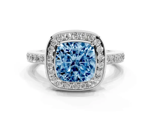 Fancy Blue Cushion Cut Diamond Halo Ring with Bezel Frame and Pavé Band White gold