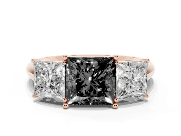 Fancy Black Three-Stone Princess Cut Cut Diamond Engagement Ring with Prong Setting on a White Gold Band Rose gold