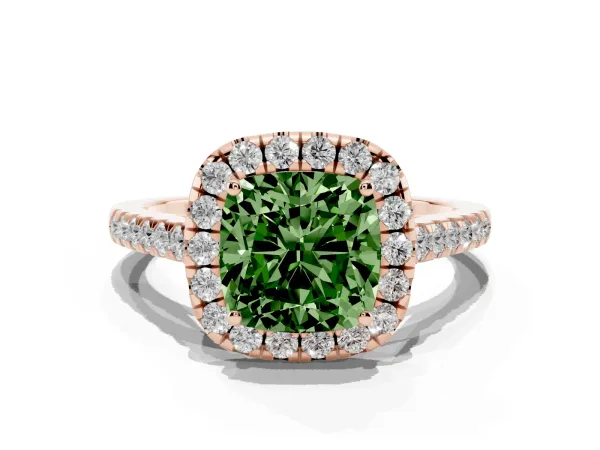 Fancy Green Cushion Cut Halo Pave Diamond Engagement Ring with Four-Prong Setting Rose gold
