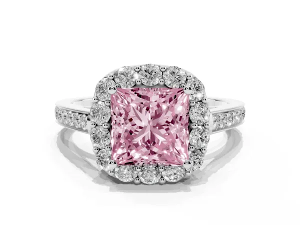 Fancy Pink Princess Cut Diamond Floral Halo Ring with Pavé Band and Prong Setting Platinum