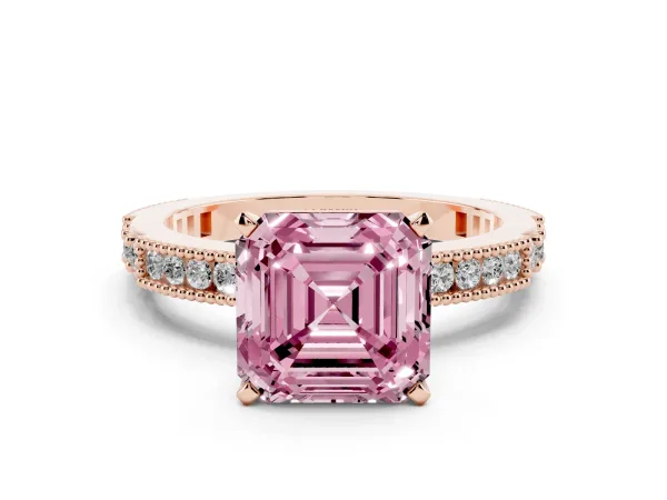 Fancy Pink Asscher Cut Solitaire with Pavé Band and Four-Prong Setting Rose gold