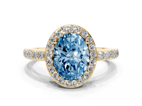 Fancy Blue Oval Cut Halo Diamond Pavé Band Ring with Prong Setting Yellow gold