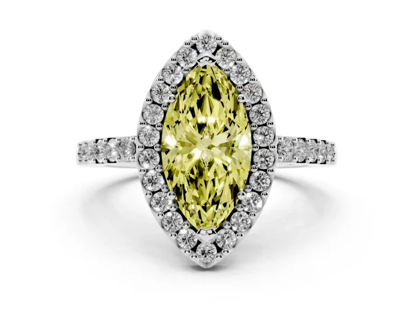 Fancy Yellow Marquise Cut Halo Diamond Pavé Solitaire Ring White gold